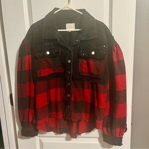 Buffalo Plaid Cord, Sequin Acid Wash jacket/shacket. Women’s size small.